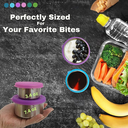 Alpine Elevation 12-Piece Stainless Steel Snack Dip Condiment Containers Set | 3 x 7.4 oz and 3 x 3.4 oz with Silicone Lids | Reusable Leakproof Food Storage Containers for Lunch Meal Prep and Travel