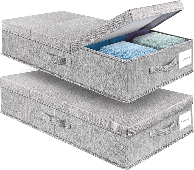Supowin Underbed Storage Containers Bin with Lids, Large Under Bed Storage Organizer Box with Handle, Foldable Under the Storage Bags for Organizing Clothes, Shoes, Blankets, Pillows