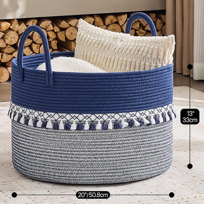 KAKAMAY Cotton Rope Storage Basket (20"x13"),Woven Hamper for Blankets,Toys,Pillows,Clothes,Laundry,Sturdy Handles Decorative Basket for Living Room, Bedroom,Nursery(Blue/White)