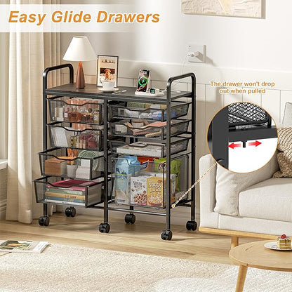 Aokitsink Rolling Cart with Drawers,8-Drawer Storage Cart with Wooden Tabletop and Lockable Wheels,Craft Storage & Art Supply Organizer,Letter-Size File Drawer for Classroom, Office & Home