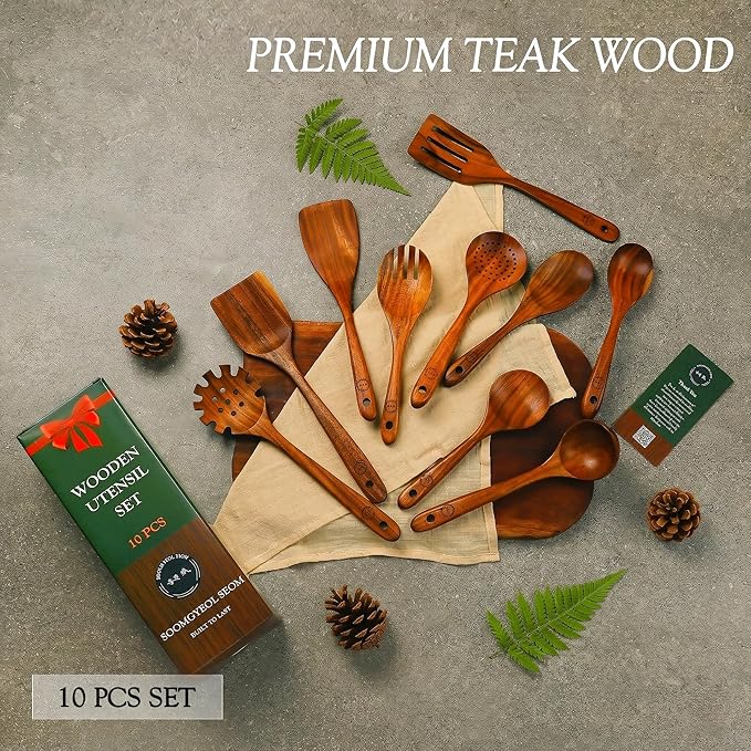 SOOMGYEOL SEOM 10-Piece Teak Wood Cooking Utensil Set | Wooden Spoons and Spatulas, Nonstick Safe, Heat Resistant, Ergonomic Handles