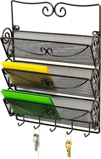 Deco Brothers Wall Mail Organizer with 5 Key Holder, 3 Tier, Bronze