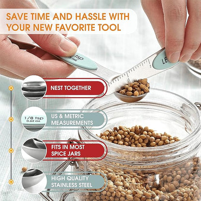 Spring Chef Stainless Steel Magnetic Measuring Spoons Set of 8 with Leveler, Metal Teaspoon & Tablespoon Measuring Spoons, Fits in Spice Jars, Kitchen Gadgets for Baking & Cooking - Set of 2 - Mint