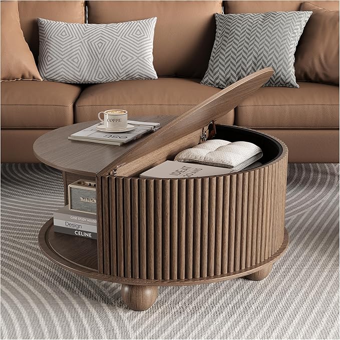 SULIVES Round Coffee Table with Storage, Unique Circle Coffee Table with Sliding Door,Fluted Accent Center Table with Bun Feet for Living Room, Walnut