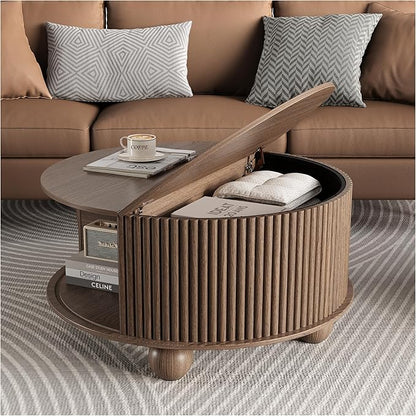 SULIVES Round Coffee Table with Storage, Unique Circle Coffee Table with Sliding Door,Fluted Accent Center Table with Bun Feet for Living Room, Walnut