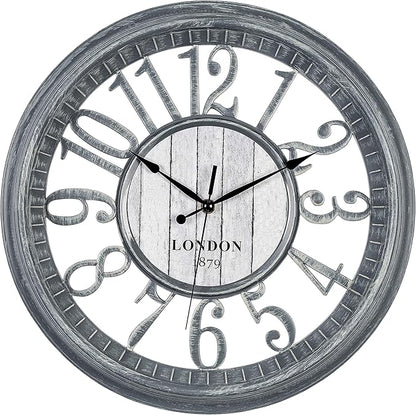 Bernhard Products Large Wall Clock 16 Inch Gray Noiseless Battery Operated Quality Quartz Rustic Farmhouse Shabby Chic Vintage Design for Kitchen/Living Room/Bedroom/Decorative Stylish Clocks