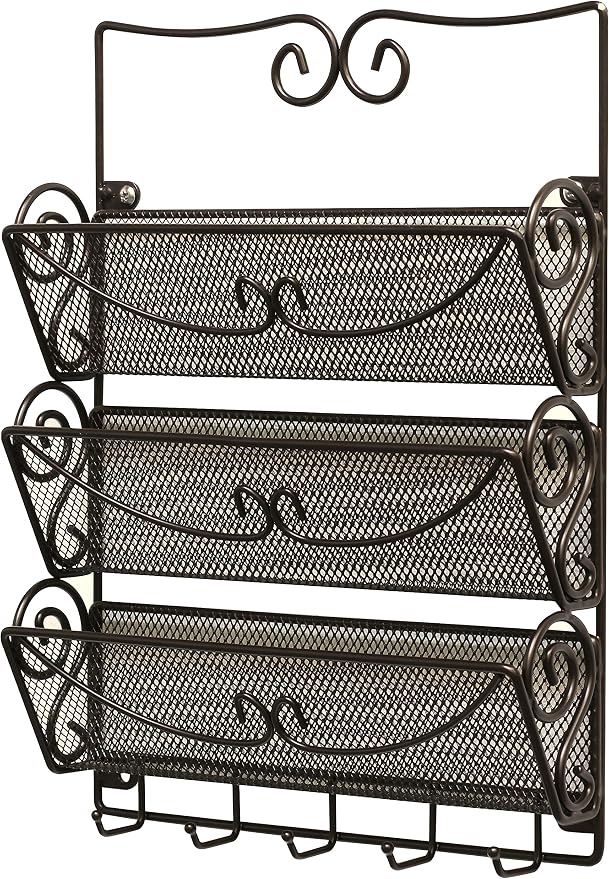 Deco Brothers Wall Mail Organizer with 5 Key Holder, 3 Tier, Bronze
