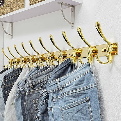 Dseap MaxStrong 2.0 Coat Rack Wall - 37” Long 10 Tri Hooks - Ultra Heavy-Duty Stainless Steel Wall Mount Coat Hanger, Hook Rail for Clothes Hats Jacket Towels Gold, Pack of 2