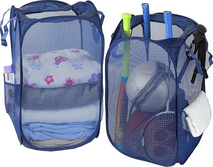 Simple Houseware Mesh Pop-Up Laundry Hamper Basket with Side Pocket, Dark Blue - 2 Pack