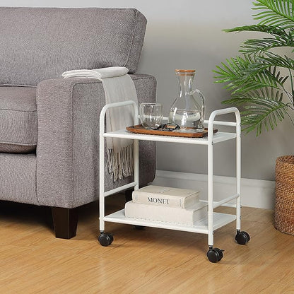 SunnyPoint 2-Tier Metal Rolling Utility Cart – Mobile Storage Shelf with Caster Wheels – Small Space Organizer for Home, Office, Bedroom, Kitchen (WHT) (Pack of 2)