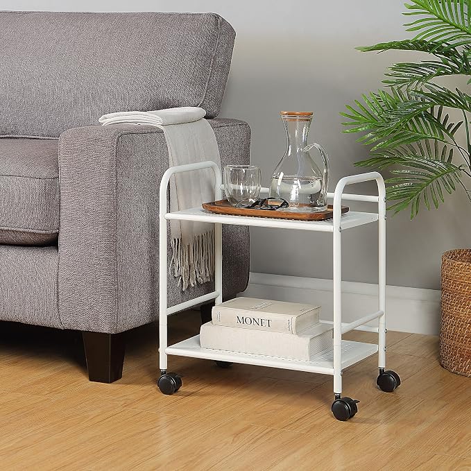 SunnyPoint 2-Tier Metal Rolling Utility Cart – Mobile Storage Shelf with Caster Wheels – Small Space Organizer for Home, Office, Bedroom, Kitchen (WHT)