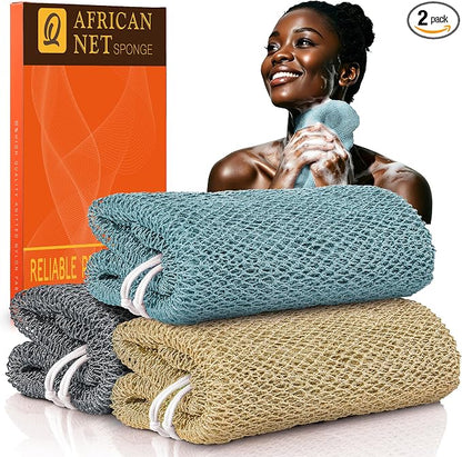 UJFQBH African Net Sponge Authenti, Exfoliating Body Scrubber for Back and Hard to Reach Areas, Gentle Daily Exfoliation for Deep Cleansing, Quick Drying Shower Essential, Aqua Grey 3 Pack