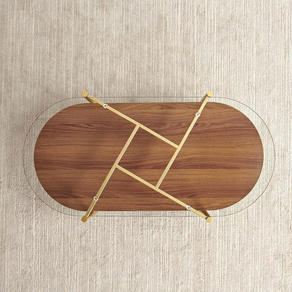 Oval Glass Coffee Table, Mid-Century Modern Design, L42*W22*H17 inch, for Living Room, Clear Glass Top and Walnut Finish Wood Shelf, Conical Metal Legs with Gold Finish