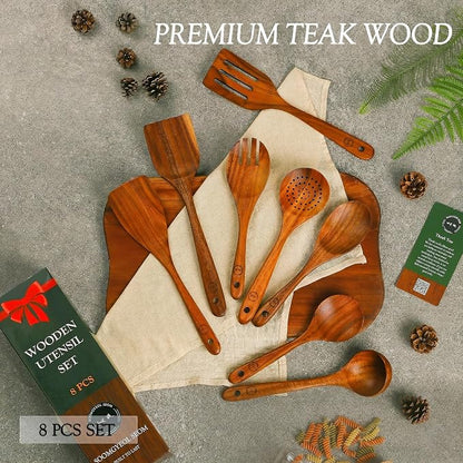 SOOMGYEOL SEOM 8-Piece Teak Wood Cooking Utensil Set | Wooden Spoons and Spatulas, Nonstick Safe, Heat Resistant, Kitchen Tools