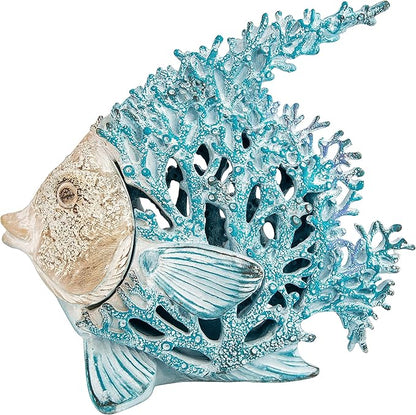 Ocean Decor Coral Reef Angelfish Sculpture Beach Home Decor Coastal Tabletop Collection 12 in x 11 in (Turquoise)