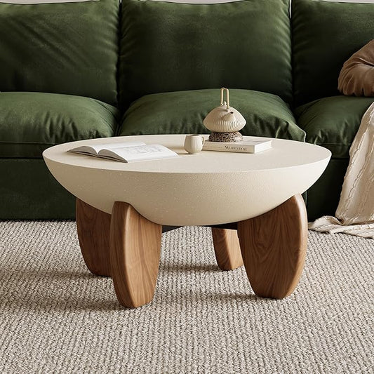 homary 30" Round Coffee Table, Modern Concrete Center Table with Walnut Ash Wood Legs, Minimalist Cement Finish for Living Room