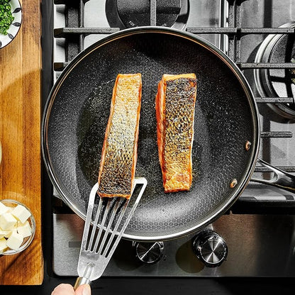 HexClad Hybrid Nonstick 10-Inch Frying Pan with Tempered Glass Lid, Stay-Cool Handle, Dishwasher-Friendly, Oven-Safe Up to 900°F, Induction Ready, Compatible with All Cooktops