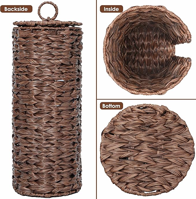 4 Mega Rolls Extra Toilet Paper Storage with Lid, Waterproof Plastic Wicker Toilet Paper Holder Basket Stand, Decorative Boho Covered Enclosed Toilet Tissue Organizer for Bathroom, Brown