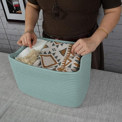 Cotton Rope storage Basket Bins Woven Basket for Organizing Shelves 15X10X9.3" Rectangle Decorative Baskets For storage Clothes Toys Books Towels Nursery basket organizer 3 pack Green
