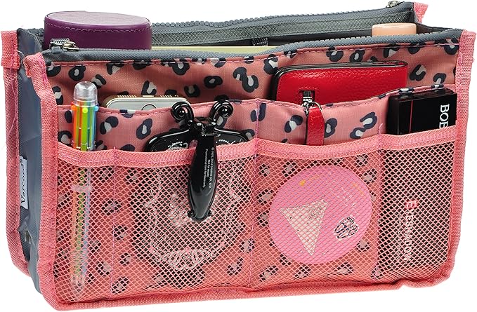 Vercord Purse Organizer Insert for Handbags Bag Organizers Inside Tote Pocketbook Women Nurse Nylon 13 Pockets Pink Leopard Medium