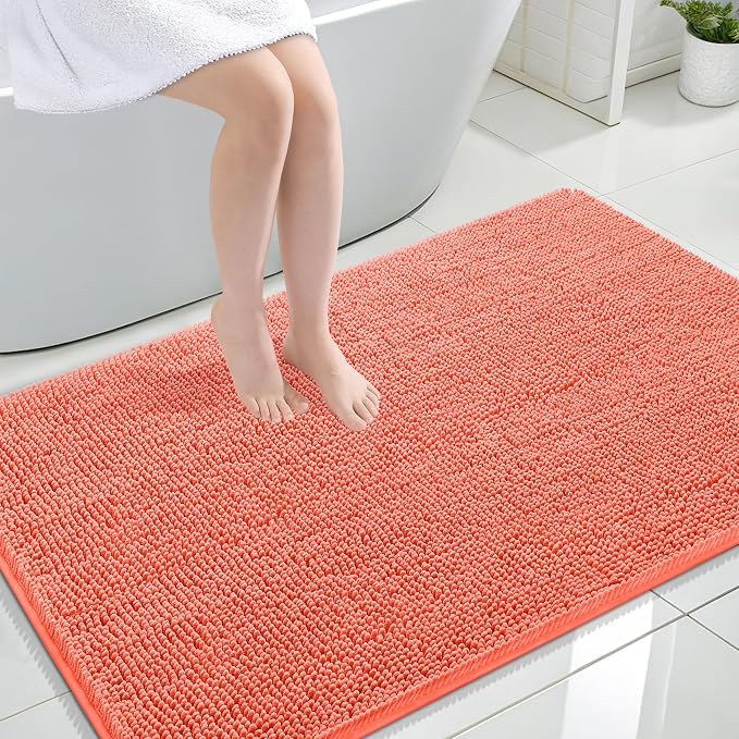 OLANLY Large Bathroom Rugs 47x32, Extra Soft Absorbent Chenille Bath Rugs, Rubber Backing Quick Dry, Machine Washable Bath Mats for Bathroom Floor, Tub and Shower, Home Decor Accessories, Coral