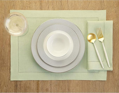 Solino Home Linen Cloth Placemats Set of 6-100% Pure Linen Hemstitch Sage Green Placemats 14 x 19 Inch - Classic Hemstitch Table Place Mats for Winter, Spring, Easter, St Patricks Day