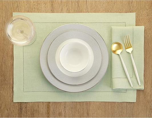 Solino Home Linen Cloth Placemats Set of 6-100% Pure Linen Hemstitch Sage Green Placemats 14 x 19 Inch - Classic Hemstitch Table Place Mats for Winter, Spring, Easter, St Patricks Day