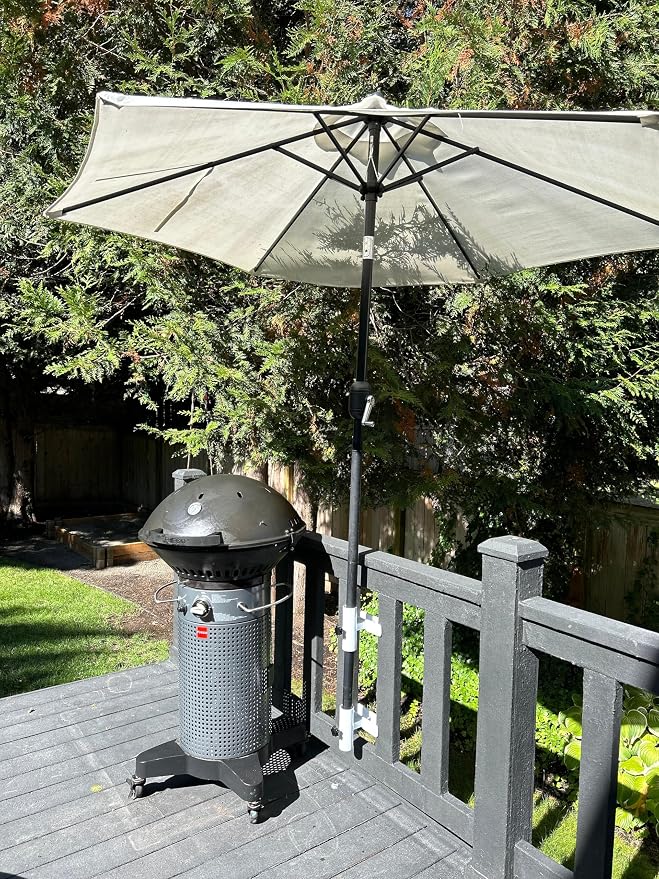 | Patio Umbrella Holder | 2 Piece Design | Outdoor Umbrella Base and Mount | Attaches to Railing Maximizing Patio Space and Shade