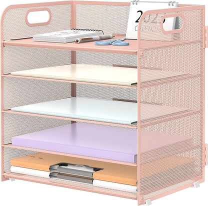 Supeasy 5 Trays Paper Organizer Letter Tray with Handle-Mesh Desk File Organizer, Paper Sorter Desk Organizer for Office, Home or School