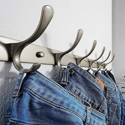 SKOLOO Coat Rack Wall Mounted - 6 Hooks, Pack of 2, Heavy Duty, Stainless Steel, Metal Wall Hanger, Sturdy Coat Hooks for Hanging Coats, Jacket, Clothes, Hat, Matte Grey