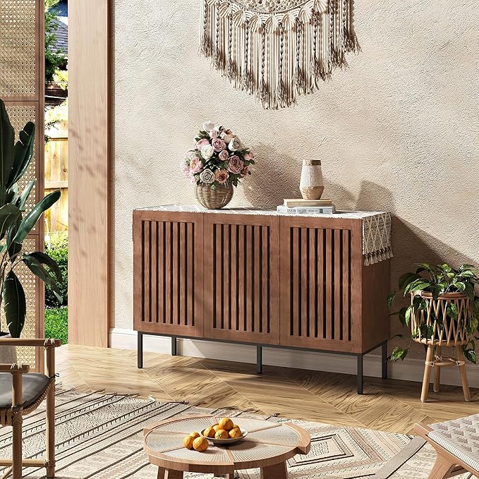 Buffet Cabinet, Modern Credenza Storage Cabinet with Adjustable Shelves and Metal Base, 47 Inch Wood Multifunctional Console Table for Kitchen, Living Room, Entryway, Brown