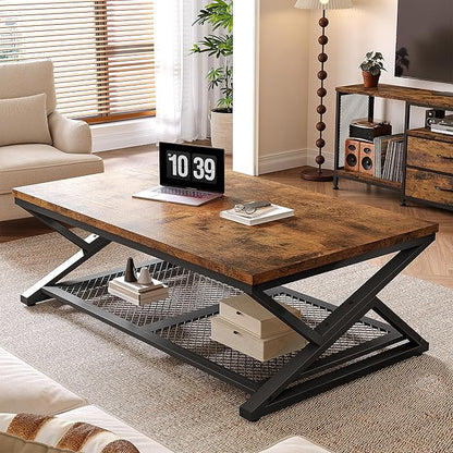 EnHomee Rustic Coffee Table with Storage, Farmhouse Coffee Table with Mesh Shelf, 2 Tier Rectangular Center Table for Living Room, Home Office, 47.2 Inch, Rustic Brown