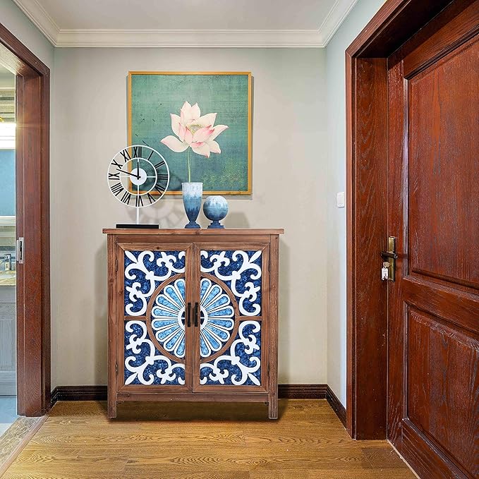 Sophia & William 2-Door Accent Cabinet, Distressed Decorative Storage Cabinet with Wood Frame and Blue and White Floral Pattern for Entryway Hallway Lvinig Room