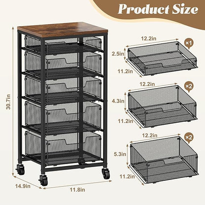 Rolling Cart with Drawers, 5-Drawer Storage Cart on Wheels with Vintage Wooden Top, Heavy Duty Metal Utility Cart, Mobile Craft Art Storage Cart for Kitchen, Bathroom, Office, Bedroom, Art Studio