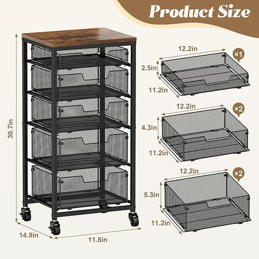 Rolling Cart with Drawers, 5-Drawer Storage Cart on Wheels with Vintage Wooden Top, Heavy Duty Metal Utility Cart, Mobile Craft Art Storage Cart for Kitchen, Bathroom, Office, Bedroom, Art Studio