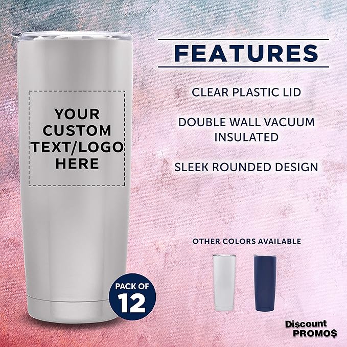 Custom Pipette Stainless Steel Coffee Tumblers 20 oz. Set of 12, Personalized Bulk Pack - Double Wall, Perfect for Coffee, Hot Cocoa, Other Hot & Cold Beverages - Silver