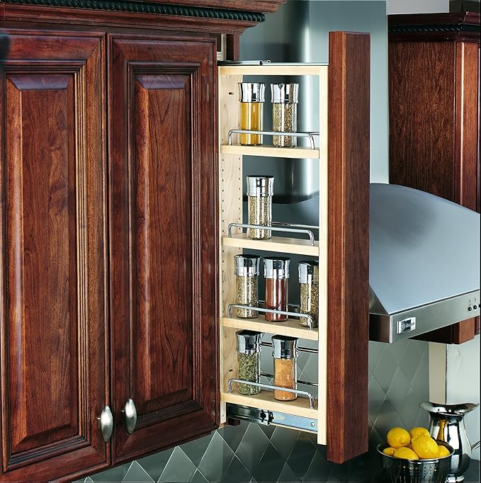 Rev-A-Shelf 3" W x 33" H Pull Out Quad Shelf Organizer for Wall & Base Kitchen Cabinets, Full Extension Filler Spice Rack, Adjustable, Wood, 432-WF33-3C