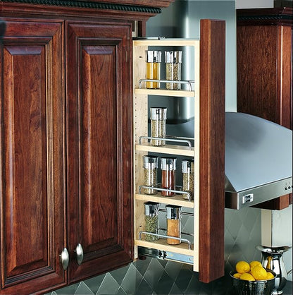 Rev-A-Shelf 3" W x 36" H Pull Out Quad Shelf Organizer for Wall & Base Kitchen Cabinets, Full Extension Filler Spice Rack, Adjustable, Wood, 432-WF36-3C