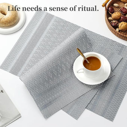 Leetaltree Lunar Grey Placemats Set of 12 - Heat Resistant Non-Slip Place mats for Dining Table, Washable Durable PVC Vinyl Woven Table Mats（Lunar Grey, 12）