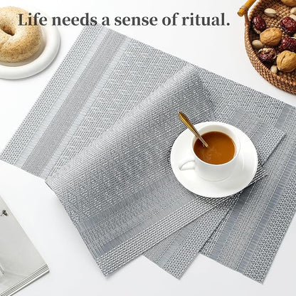 Leetaltree Lunar Grey Placemats Set of 8 - Heat Resistant Non-Slip Place mats for Dining Table, Washable Durable PVC Vinyl Woven Table Mats（Lunar Grey, 8）