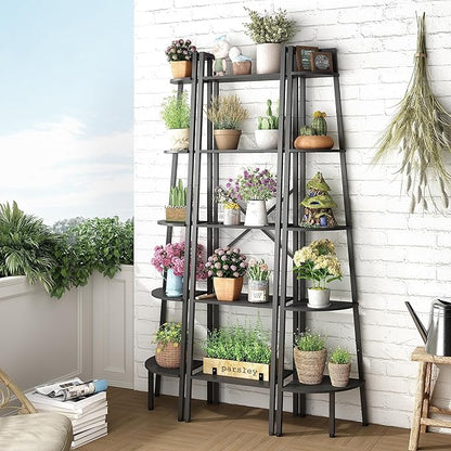 Hoctieon Corner Shelf, 5-Tier Corner Bookshelf, Rustic Ladder Shelf, Industrial Display Stand for Living Room, Kitchen, Home Office, Balcony, Small Space, Metal Frame, Black