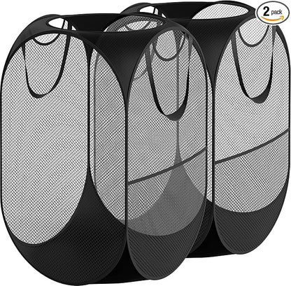 Simple Houseware Mesh Pop-Up Laundry Hamper Basket with Side Pocket, Black - 2 Pack