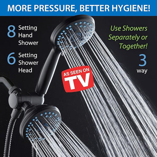 Hotel Spa AquaCare As-Seen-On-TV High Pressure 48-setting Rain & Handheld 3-way Shower Head Combo - Anti-clog Nozzles/Tub, Tile & Pet Power Wash/Extra Long 6 ft. Hose/Matte Black Finish