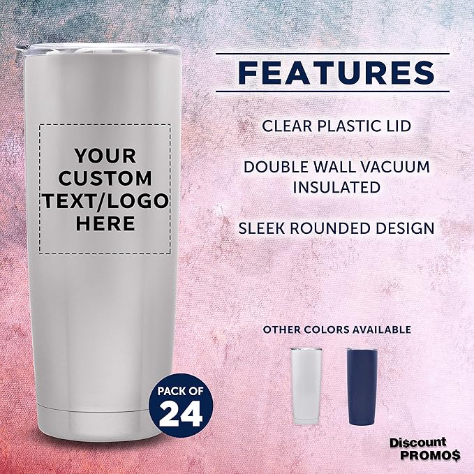 Custom Pipette Stainless Steel Coffee Tumblers 20 oz. Set of 24, Personalized Bulk Pack - Double Wall, Perfect for Coffee, Hot Cocoa, Other Hot & Cold Beverages - Silver