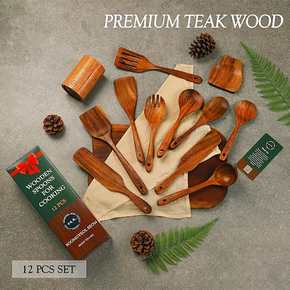 SOOMGYEOL SEOM 12-Piece Teak Wood Cooking Utensil Set | Wooden Spoons, Spurtles and Spatulas, Holder and Spoon Rest Included, Nonstick Safe Kitchen Tools