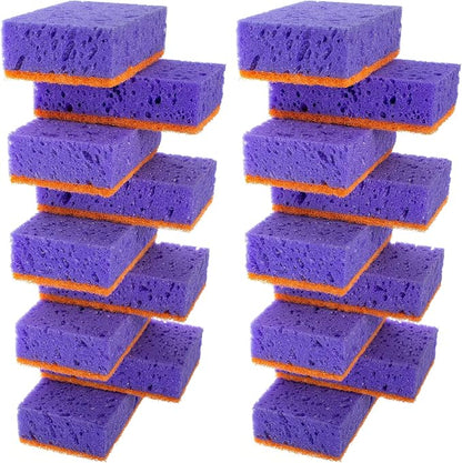 Purple and Orange Multi Use Scrub Sponges. Made in Europe. 18 Pack, 4.3x2.8x1.4 inches. Heavy Duty & Non Scratch Fiber. Odorless, Durable, Delicate, Rinse Clean Violet Scrubber